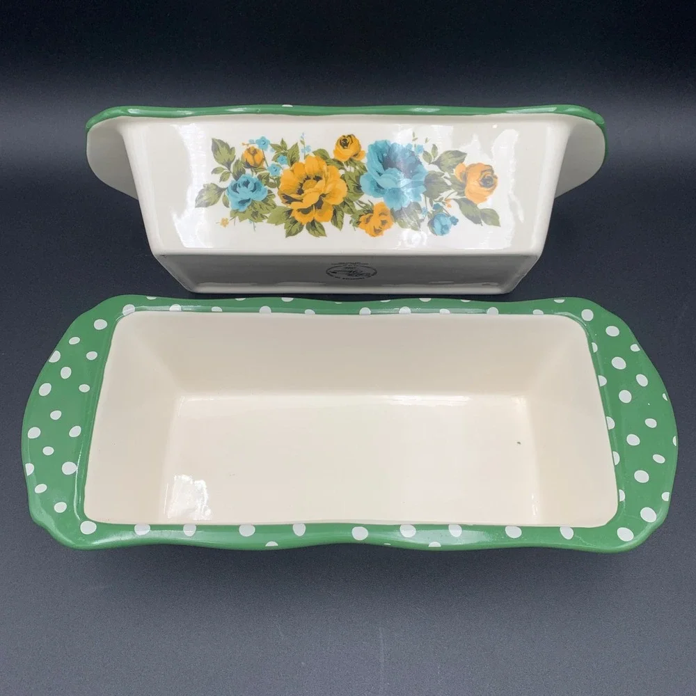 Pioneer Woman Rose Shadow Loaf Pan Set of 2 Stoneware Green Polka Dot Floral